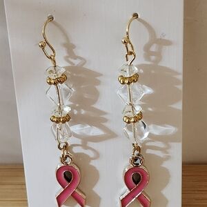 Handmade Pink Ribbon Breast Cancer Awareness Pierced Earrings with Crystals